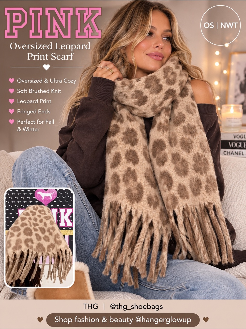 PINK Victoria’s Secret Oversized Leopard Scarf Fringe NWT Animal Print